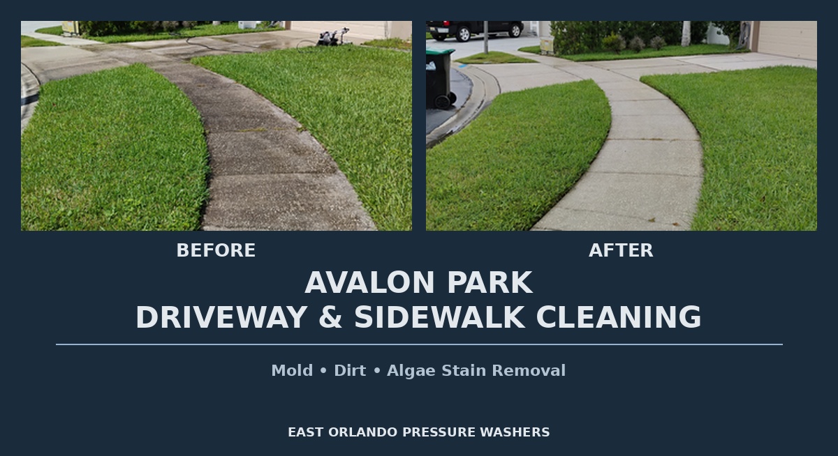 Before and after - Avalon Park driveway cleaning showing algae buildup removed by East Orlando Pressure Washers